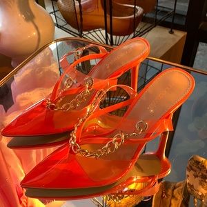 🍑⚡️Electric Orange Slide Heels, Shoe Dazzle Size 10